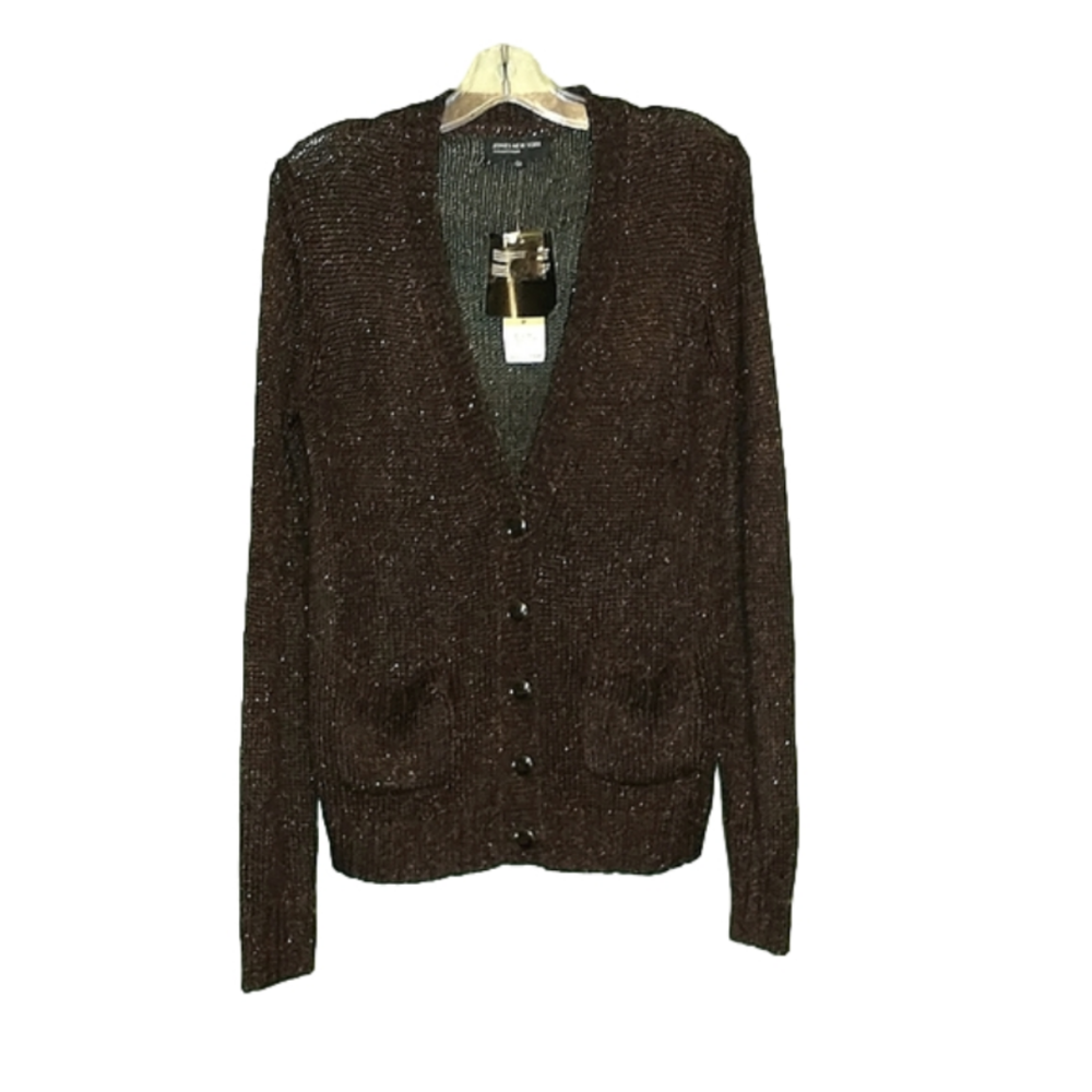 NWT JONES NEW YORK COLLECTION Brown deep v neck Cardigan glitter metallic